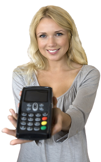 saleswoman handing you a credit card terminal