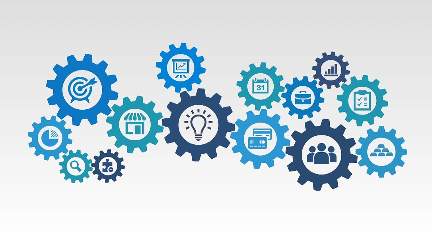 qfloors features icons surrounded by gears, gears working together
