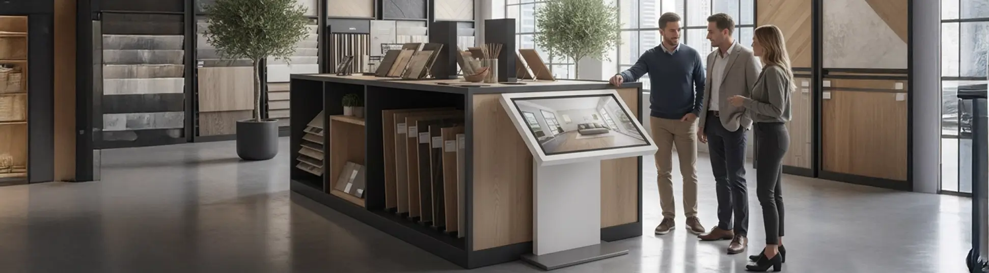 Salesman with couple at flooring store kiosk
