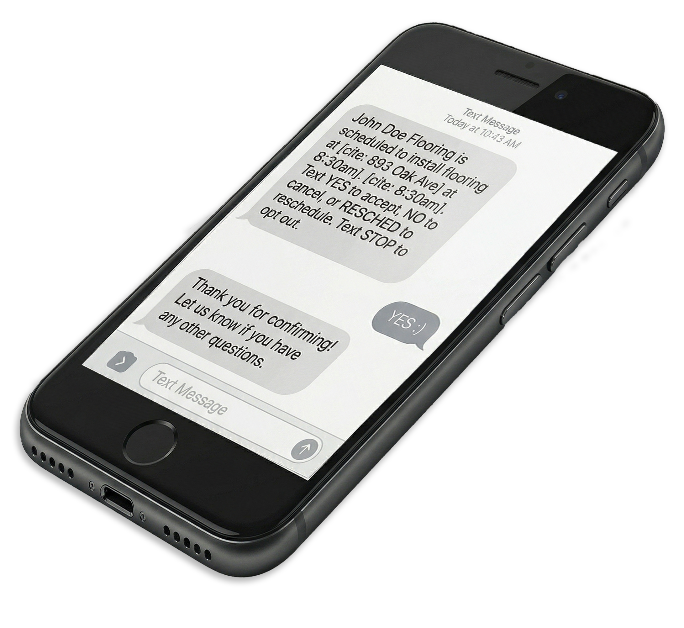 phone with text messages being exchanges between flooring dealer and customer 