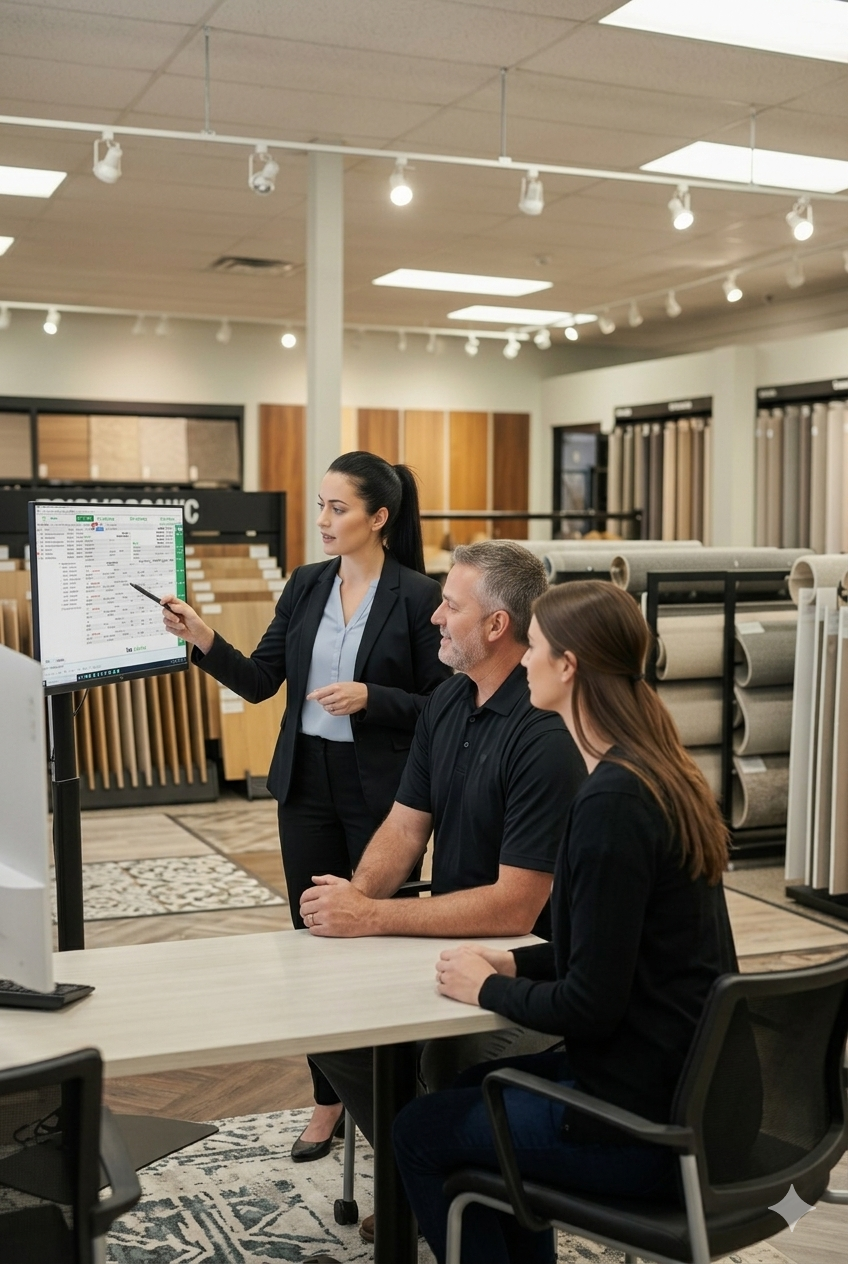 woman training two flooring store employees on QFX in their showroom 