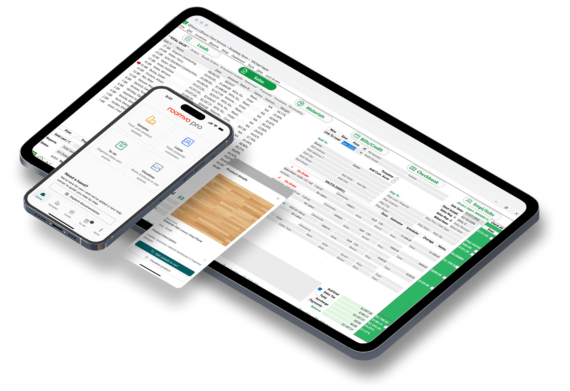 qfloors on an ipad screen, roomvo CRM PRO on a phone screen, and flooring product page on a phone screen.