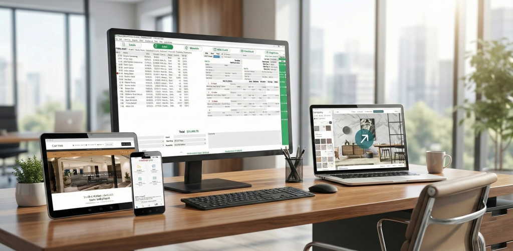 qfloors screen on computer with other devices on business desk